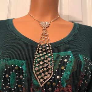 Golden Toned Rhinestone  Faux Necktie Necklace
